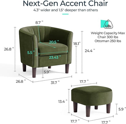 LINSY Accent Chair with Ottoman, Modern Armchair Comfy Barrel Reading Chair with Footrest for Living Room Bedroom Reading Room, Velvet, Olive Green