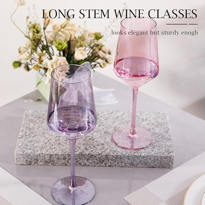 Physkoa Colored Wine Glasses Set of 6-15oz Hand Blown Crystal Colorful Glassware with Long Stem, Multicolor Glassware for Wine Lovers, Wedding, Birthday Mother's Day Easter Gifts for Women