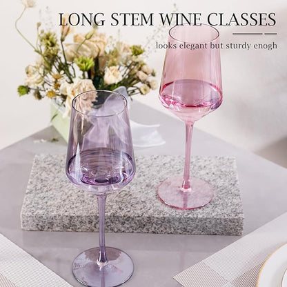 Physkoa Colored Wine Glasses Set of 6-15oz Hand Blown Crystal Colorful Glassware with Long Stem, Multicolor Glassware for Wine Lovers, Wedding, Birthday Mother's Day Easter Gifts for Women