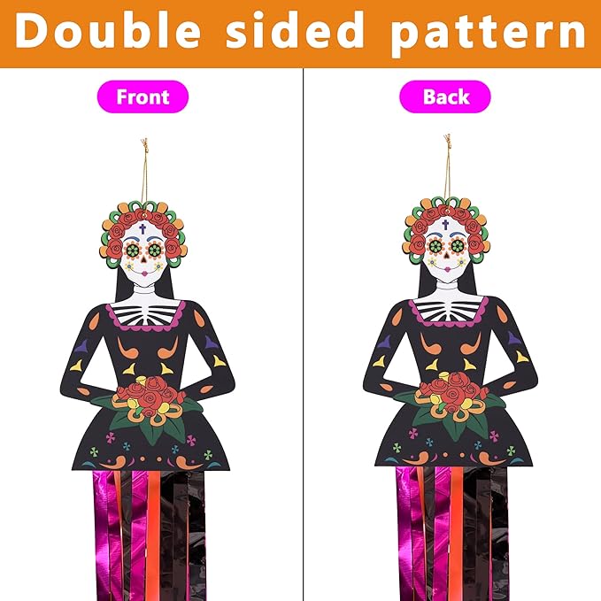 codree 4 PCS Day of The Dead Sugar Skull Hanging Decorations-27.5x5 Inch Dia De Los Muertos Hanging Decorations for Day of The Dead Halloween Party Home Outdoor Decor