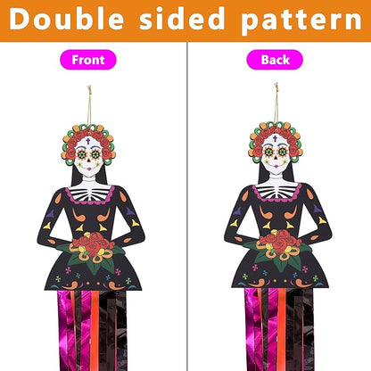 codree 4 PCS Day of The Dead Sugar Skull Hanging Decorations-27.5x5 Inch Dia De Los Muertos Hanging Decorations for Day of The Dead Halloween Party Home Outdoor Decor