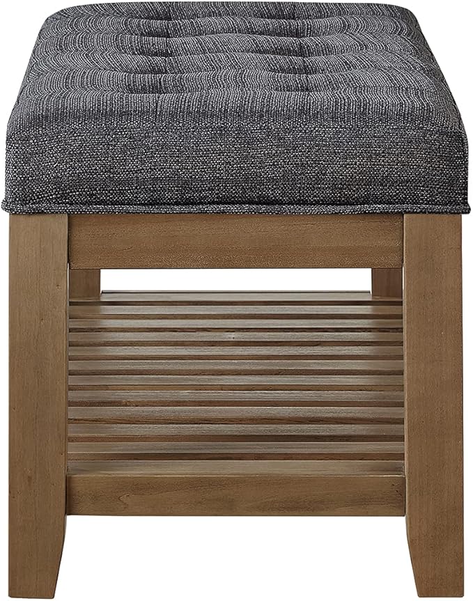 24KF Large Rectangular Upholstered Tufted Linen Fabric Ottoman Bench, Padded Bench with Solid Wood Shelf-Charcoal