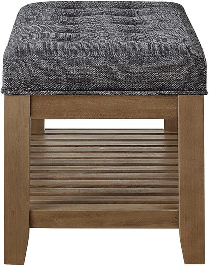 24KF Large Rectangular Upholstered Tufted Linen Fabric Ottoman Bench, Padded Bench with Solid Wood Shelf-Charcoal