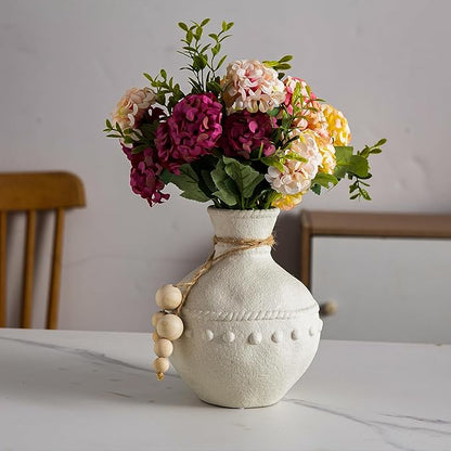 Rustic Ceramic Vase with Boho Wooden Beads, Matte Decorative Pottery for Modern Farmhouse and Bohemian Decor, Floral Arrangements, Living Room, Table Centerpieces
