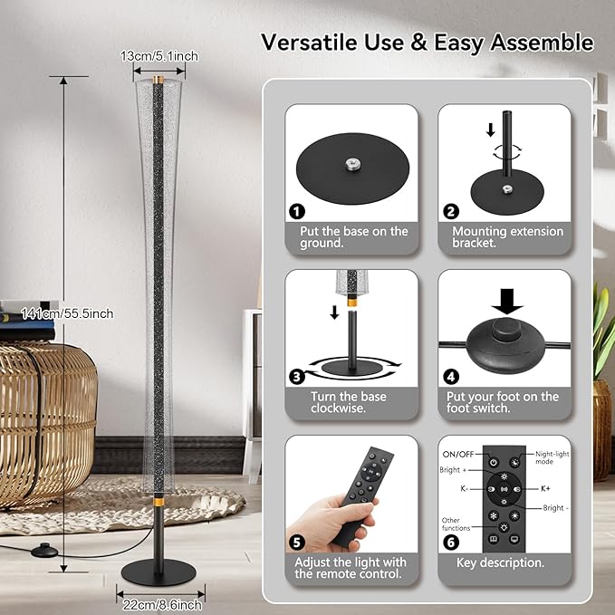 NUÜR Modern LED Floor Lamp with Remote & Foot Switch, 2700K–6500K 3 Color Temps & 10–100% Dimming, Sparkly Glitter Acrylic Tube Column, Slim Black Tall Standing Lamp for Living Room Bedroom Office