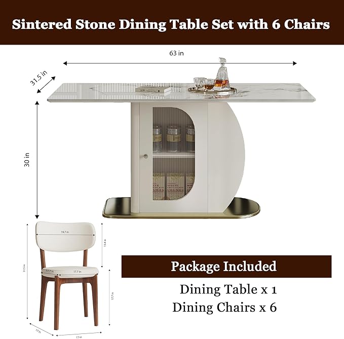 Montary 63" Modern 4-6 Person Dining Table with Storage Cabinet, Artificial Marble Dining Table with Sintered Stone Tabletop & Golden Solid Wood Base, Includes 6 Cream PU Chairs for Kitchen