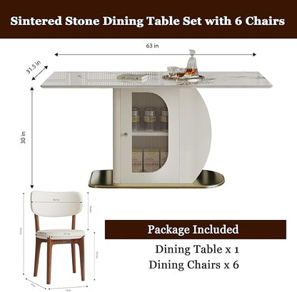 Montary 63" Modern 4-6 Person Dining Table with Storage Cabinet, Artificial Marble Dining Table with Sintered Stone Tabletop & Golden Solid Wood Base, Includes 6 Cream PU Chairs for Kitchen