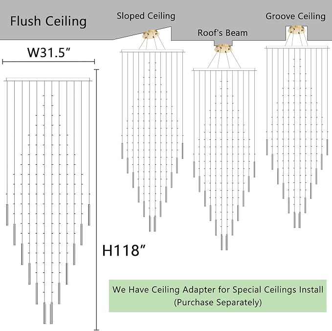 W32 x H120 Glam Chandelier with LED Bulbs Square Chandeliers, Crystal Raindrop High Ceiling Pendant Light for Entrance Large Villa Foyer Lighting Fixtures Gold