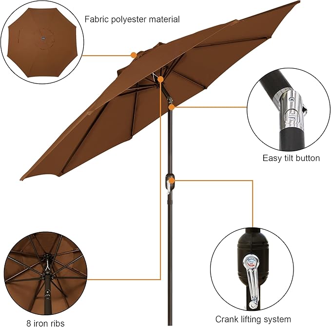 Blissun 9' Outdoor Patio Umbrella, Outdoor Table Umbrella, Yard Umbrella, Market Umbrella with 8 Sturdy Ribs, Push Button Tilt and Crank