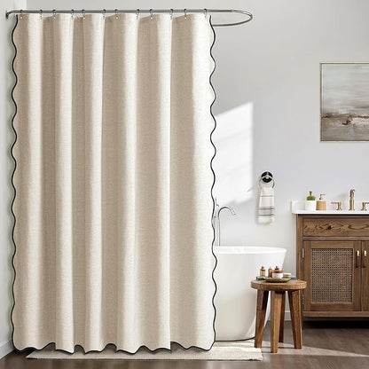 MIULEE 96" Long Scalloped Shower Curtain Linen Textured with 12 Metal Hooks Cute Extra Long Heavy Duty Washable Waterproof Cloth Shower Curtains with Black Border for Bathroom Hotel Bathtub,Beige
