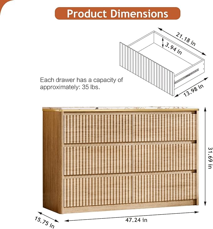 Fluted Dresser for Bedroom with 6 Drawers, 47.2" Modern Chest of Drawers with Faux Marble Top, Curved Profile Design,Dresser TV Stand, Wood Drawer Organizer for Living Room, Hallway, Oak1