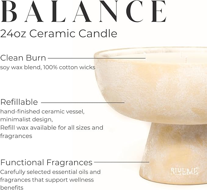 BLUEME Balance - White Lotus & Tea, Luxury Candle w/Essential Oils, 5 Wick, Hand-Poured Soy, Cotton Wick, Ceramic
