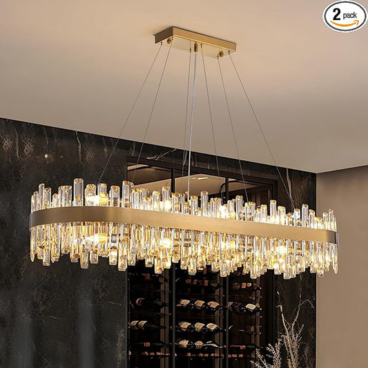 Siljoy Modern Crystal Chandelier, 20-Light Luxury Rectangular Brushed Gold Crystal Chandelier Lighting, Large Oval 2-Tier K9 Crystal Pendant Ceiling Light for Dining Living Room Kitchen Island, L52''
