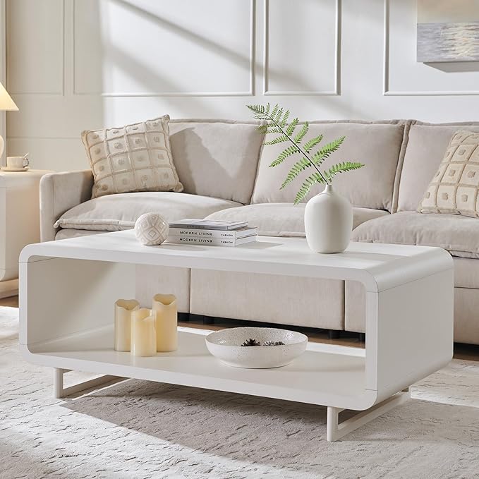 48" Modern Coffee Table, 2-Tier Minimalist Center Table with Storage Shelf, Curved Profile Design, Wooden Rectangular Living Room Table w/Wood Thick Design for Living Room, Office, White