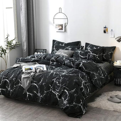 CLOTHKNOW Black Grey White King Size Comforter Set Marble Bedding Comforter Sets All Season Black Comforter Abstract Comforter with 2 x Pillow Cases