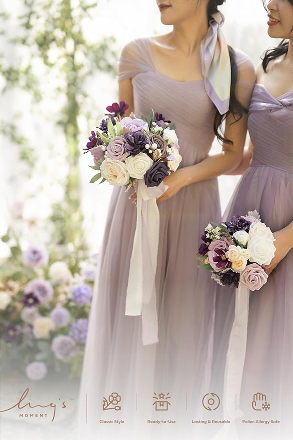 Ling's moment Artificial Flowers Purple Bridesmaid Bouquet, Lavender Wedding Flowers Bouquets for Bridesmaids, 7 Inch Bridal Bouquets for Bridesmaids, Wedding, Ceremony, Anniversary, etc