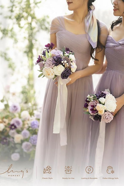 Ling's moment Artificial Flowers Purple Bridesmaid Bouquet, Lavender Wedding Flowers Bouquets for Bridesmaids, 7 Inch Bridal Bouquets for Bridesmaids, Wedding, Ceremony, Anniversary, etc