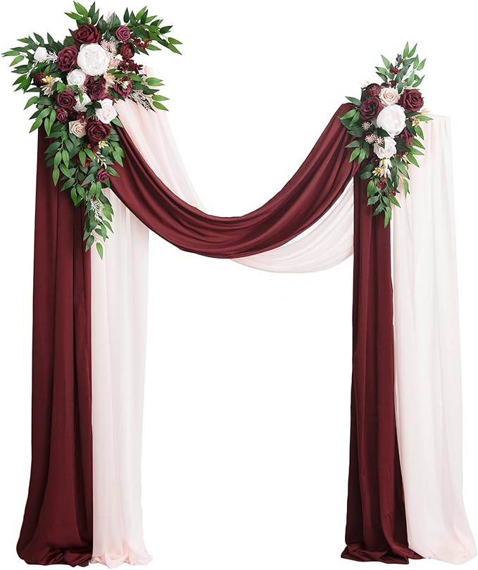 Ling's Moment Pink Blush Artificial Wedding Arch Flowers Kit Pack of 4, 2pcs Hanging Flower Arrangement 2pcs Chiffon Drapes Ceremony Reception Fake Rose Arbor Backdrop Floral Party Outdoor Decorations