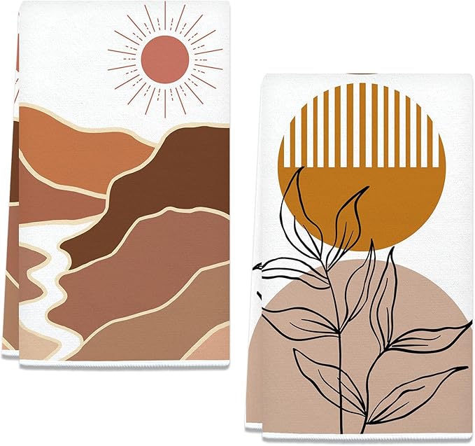 Boho Dish Towels Set of 2 Mountains Rivers Sun Kitchen Tea Towels, Mountain