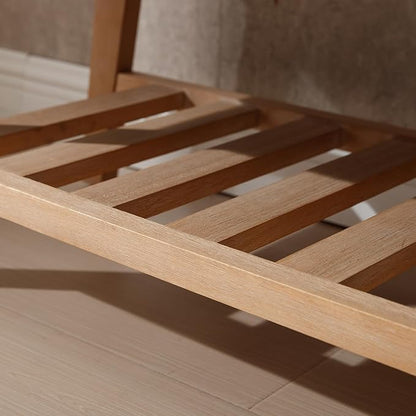 Wooden End of Bed Bench with Shoe Shelf 2 Tier Farmhouse Button Tufted Linen Fabric Upholstered Entryway Bench for Living Room/Bedroom/Hallway/Window Corner, Blue