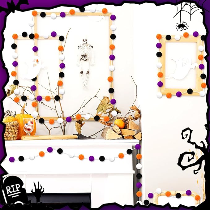 MARFOREVER 4 Pack 26.3 FT Halloween Felt Ball Garlands, Halloween Decorations 30 Balls Black Orange White Purple Pom Pom Garlands Hanging Supplies for Fall Halloweens Holiday Party Home Wall Decor