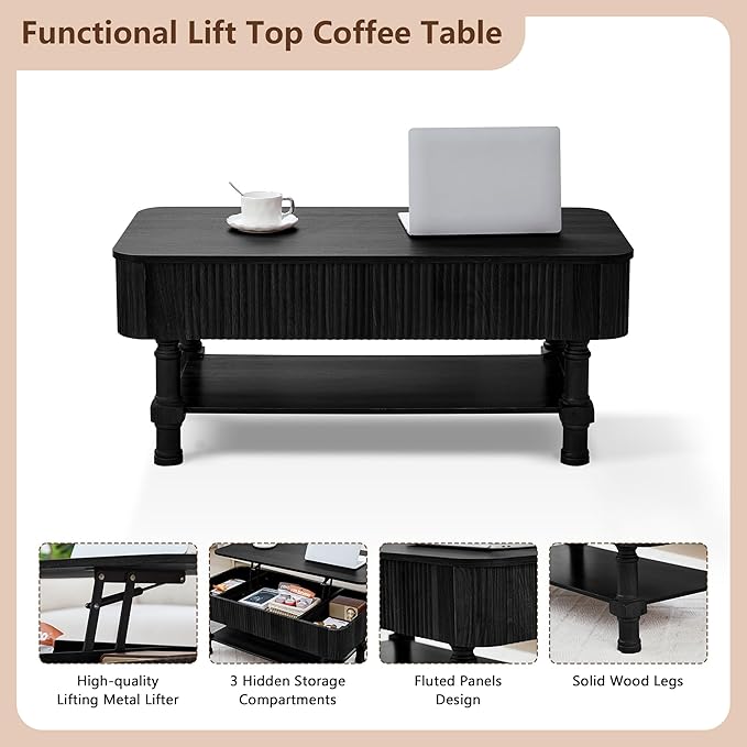 39”Large Lift Top Coffee Table with Hidden Storage Compartment,Fluted Coffee Tables Fully Assembled Wooden Center Table,Mid Century Modern Lift Tabletop Dining Table for Living Room Home Office,Black