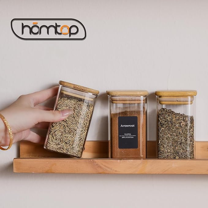 12Pcs 9oz Spice Jars Glass Container with 275 Labels, Airtight Seasoning Empty Organizer with Bamboo Lid Set for Food Storage, Salt, Sugar