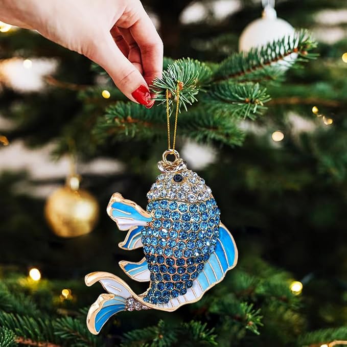 Fish Ornament, Fishing Ornaments for Christmas Tree - Christmas Ornaments for Men, Kids - Unique Beautiful Goldfish with Rhinestone, Gifts for Fisherman