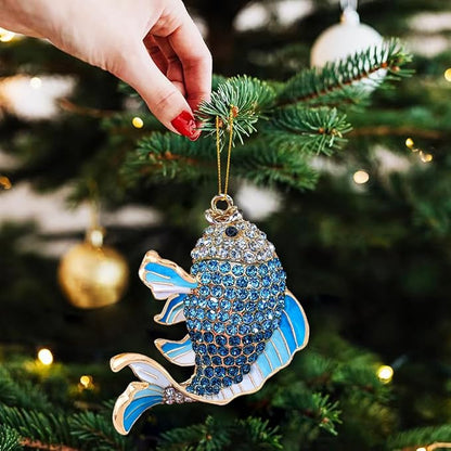 Fish Ornament, Fishing Ornaments for Christmas Tree - Christmas Ornaments for Men, Kids - Unique Beautiful Goldfish with Rhinestone, Gifts for Fisherman