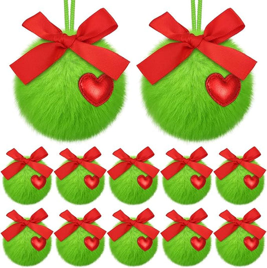12 Pcs Lime Green with Red Bow Furry Christmas Ball Ornaments Christmas Tree Decorations Pom Pom Ball Ornaments for Christmas Decorations Fireplace Mantel Wall Decor