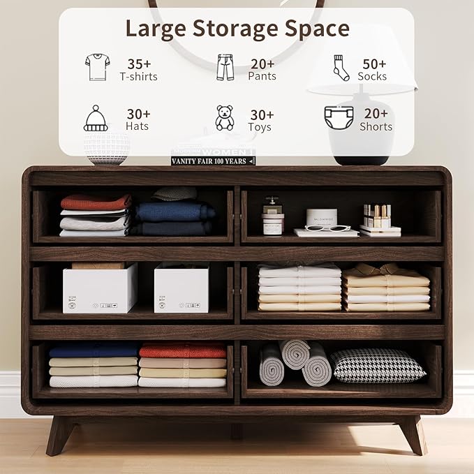 Walnut Dresser for Bedroom, Fluted 6 Drawers Dresser, Wide Chests of Drawers with Grille & Curved Design, Dressers Slides Pre-Installed, Large Wood Drawer Organizer for Bedroom Hallway