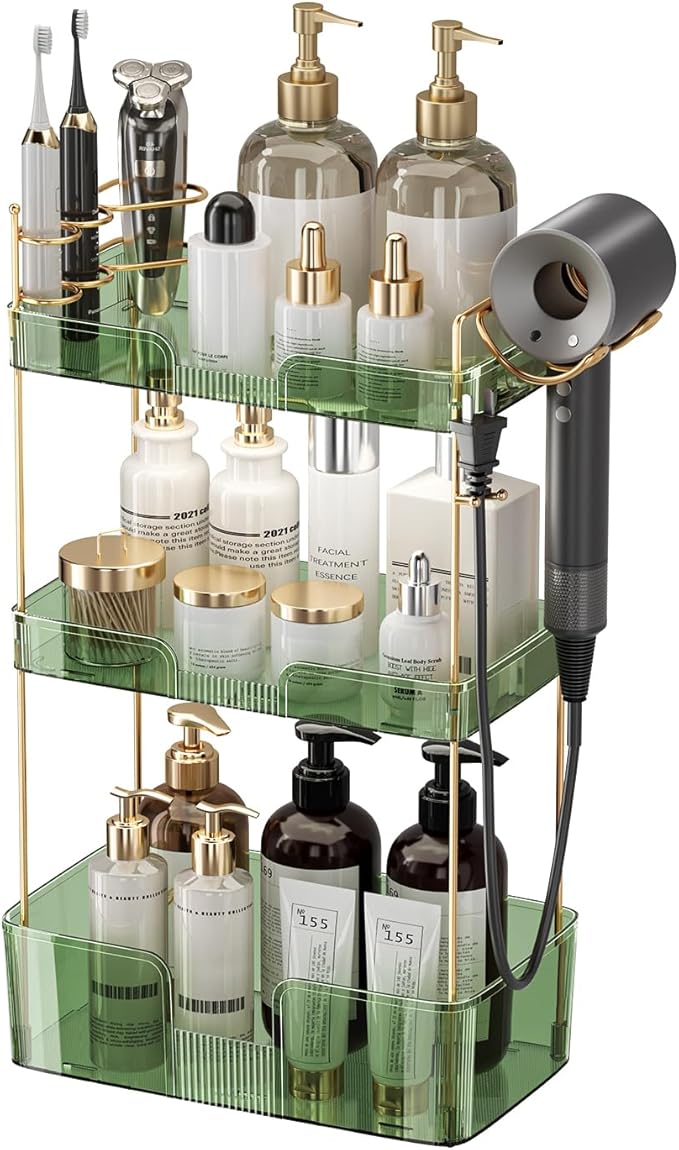 3 Tier Bathroom Organizer Countertop Makeup Perfume Skincare Organizer Comes with Hair Dryer Rack and Toothbrush Holder for Bathroom Dresser Vanity (Green)