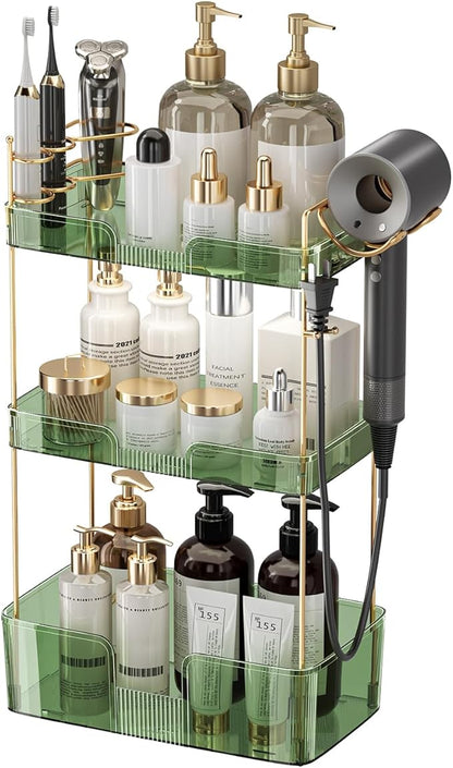 3 Tier Bathroom Organizer Countertop Makeup Perfume Skincare Organizer Comes with Hair Dryer Rack and Toothbrush Holder for Bathroom Dresser Vanity (Green)