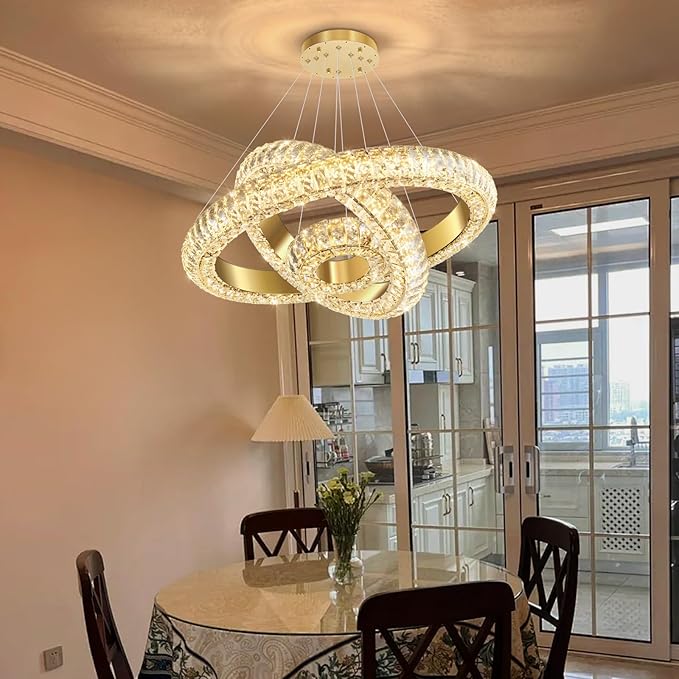 23.6" 3 Ring Crystal Chandelier Modern LED Dimmable Ring Pendant Light Round Chandelier for Dining Room Living Room Gold