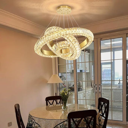 23.6" 3 Ring Crystal Chandelier Modern LED Dimmable Ring Pendant Light Round Chandelier for Dining Room Living Room Gold