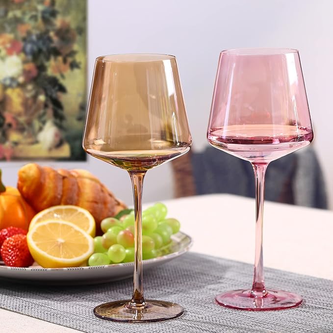Physkoa Pink Wine Glasses Set 6-16oz Modern Pink Wine Glasses With Tall Long Stem and Flat Bottom,Pink Glassware for Wedding,Bridal Shower,Bachelorette Party