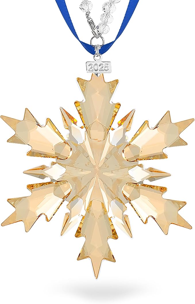 2025 Annual Christmas Ornaments Crystal Snowflake Star, Clear Champagne Faceted Crystal with Tone Metal Accents and Rayon Ribbon-New Year Christmas Tree Ornament Large Crystals Home Hanging Decor
