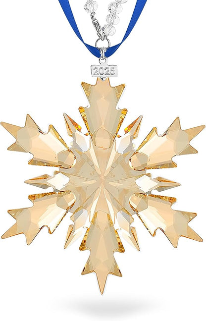 2025 Annual Christmas Ornaments Crystal Snowflake Star, Clear Champagne Faceted Crystal with Tone Metal Accents and Rayon Ribbon-New Year Christmas Tree Ornament Large Crystals Home Hanging Decor