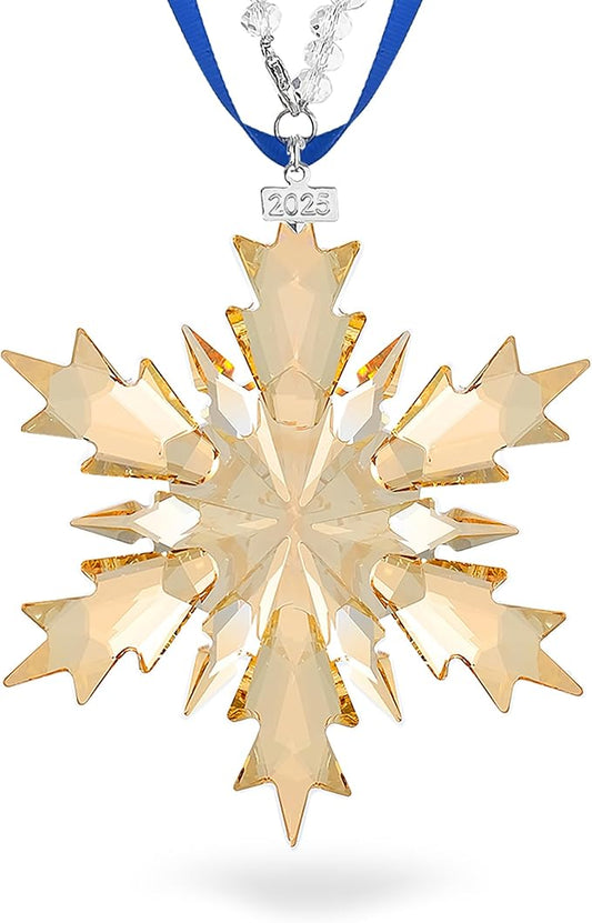 2025 Annual Christmas Ornaments Crystal Snowflake Star, Clear Champagne Faceted Crystal with Tone Metal Accents and Rayon Ribbon-New Year Christmas Tree Ornament Large Crystals Home Hanging Decor