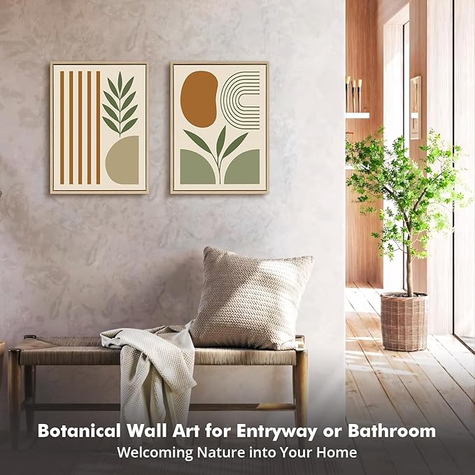 DAJONART Minimalist Boho Wall Art Set of 2,Sage Green & Olive Gray Abstract Prints Duo Framed Canvas for Modern Organic, Japandi, and Bedroom Decor,Neutral Earth-Tone Geometric Wall Decor,12x16 in
