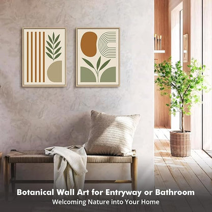 DAJONART Minimalist Boho Wall Art Set of 2,Sage Green & Olive Gray Abstract Prints Duo Framed Canvas for Modern Organic, Japandi, and Bedroom Decor,Neutral Earth-Tone Geometric Wall Decor,12x16 in