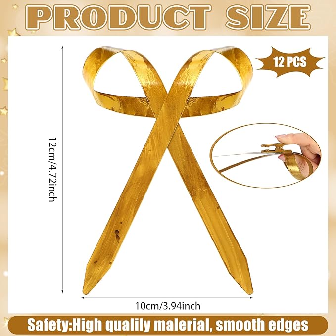 12 Pcs 2025 Metal Christmas Bow Ornaments for Christmas Tree Garland Wreath Bulk Bow with Clip Ornament Vintage Indoor Outdoor Home Xmas Party Decorations, 4 x 5 Inches (Old Gold)