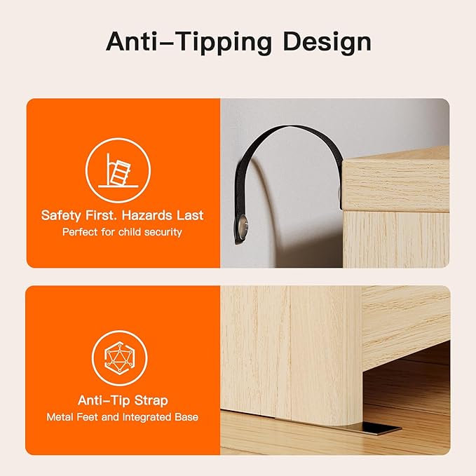 Pipishell Fluted 6 Drawers Dresser for Bedroom, 47" Wooden Drawers with Metal Handle, Dressers with Round Corner Design, Closet Storage Organizer for Bedroom, Hallway, Natural Oak