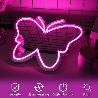 Butterfly Mirror Neon Sign Dimmable USB LED Neon Lights for Ideal Home Decor for Bedroom, Kidsroom, Living Room Parties, Christmas Birthdays Gifts for Girls Women, Boho Mirror Wall Sign Art Gift-pink