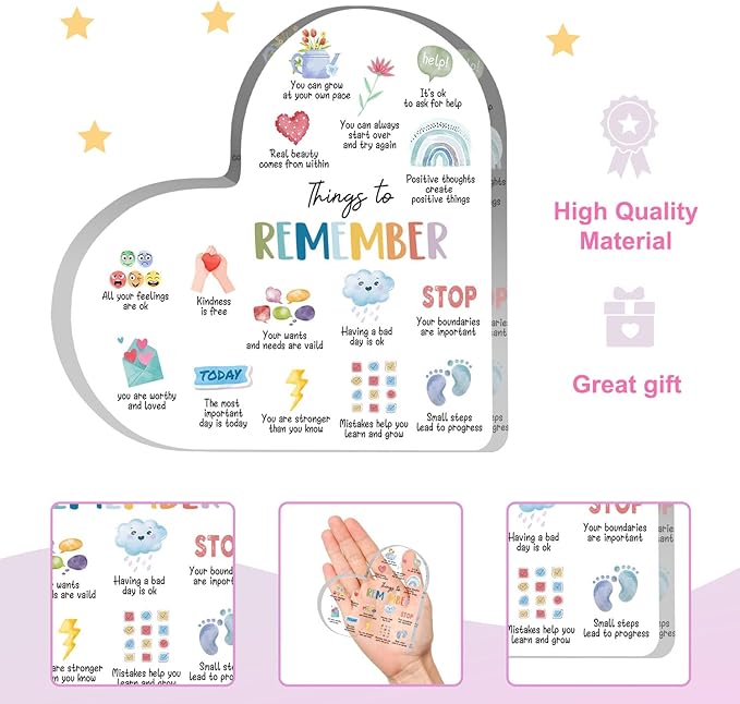 Mental Health Gifts, Things to Remember Therapy Anxiety Decor, Mental Health Decor, Mindfulness Sign for Therapy Office Acrylic Heart Gifts, School Counselor Sign, Psychology Therapy Gift