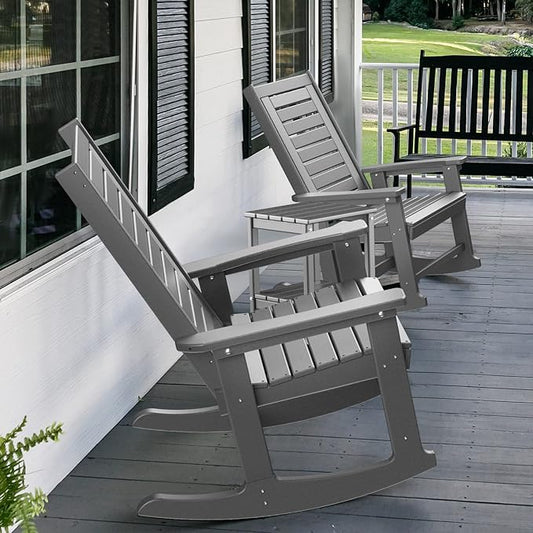 GREENVINES Outdoor Rocking Chairs | Set of 2 | Porch Rocker | HDPE Plastic | Grey | Oversized Rockers | High Back | Big & Tall | Ladder Back | for Patio Outside Backyard Balcony Garden