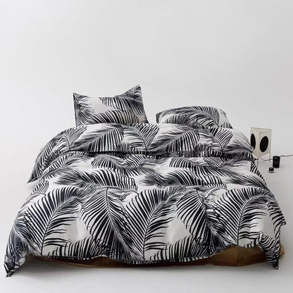 Pureant Boho Black Botanical Comforter King Set - Black and White Feather Quilts for Women, Girls - Tropical Bohemian Rustic Palm Leaves Plant Bedding