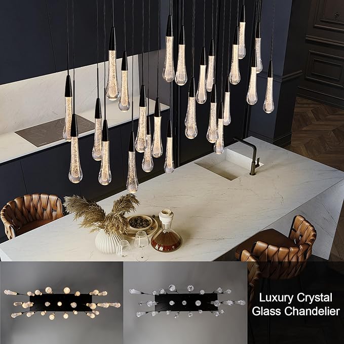 Black Rectangle Raindrop Chandelier with Glass，25-Lights Luxury Farmhouse Large Linear Chandeliers for Dining Room Over Table, Brass Pendant Ceiling Light Fixture for Kitchen Island