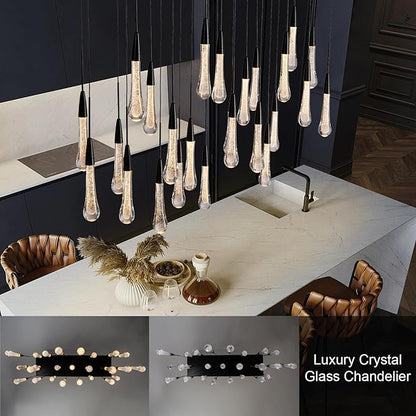 Black Rectangle Raindrop Chandelier with Glass，25-Lights Luxury Farmhouse Large Linear Chandeliers for Dining Room Over Table, Brass Pendant Ceiling Light Fixture for Kitchen Island