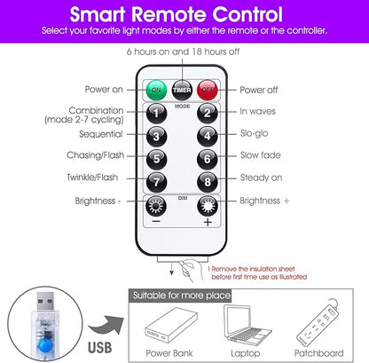 Minetom Curtain Lights, 300 LED Dimmable Fairy Lights with Remote and Timer, 8 Modes, USB Powered String Lights for Room Wall Party Xmas Indoor Decor, Purple